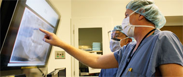 Oral surgeons examining an x-ray