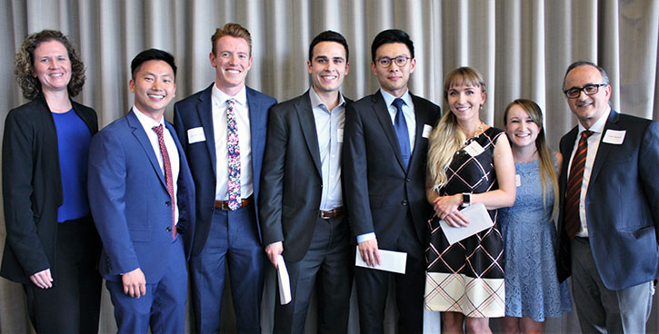 Standing with Dr. Flake and Dr. Andy Marashi (far right) of the faculty are the OKU scholarship recipients (from left): Asher Chiu and Samuel Snipes of the Class of 2021, Calvin Panah and Fang Sun of the Class of 2022, and Nadia Grishin and Kayla Casebier of the Class of 2020.