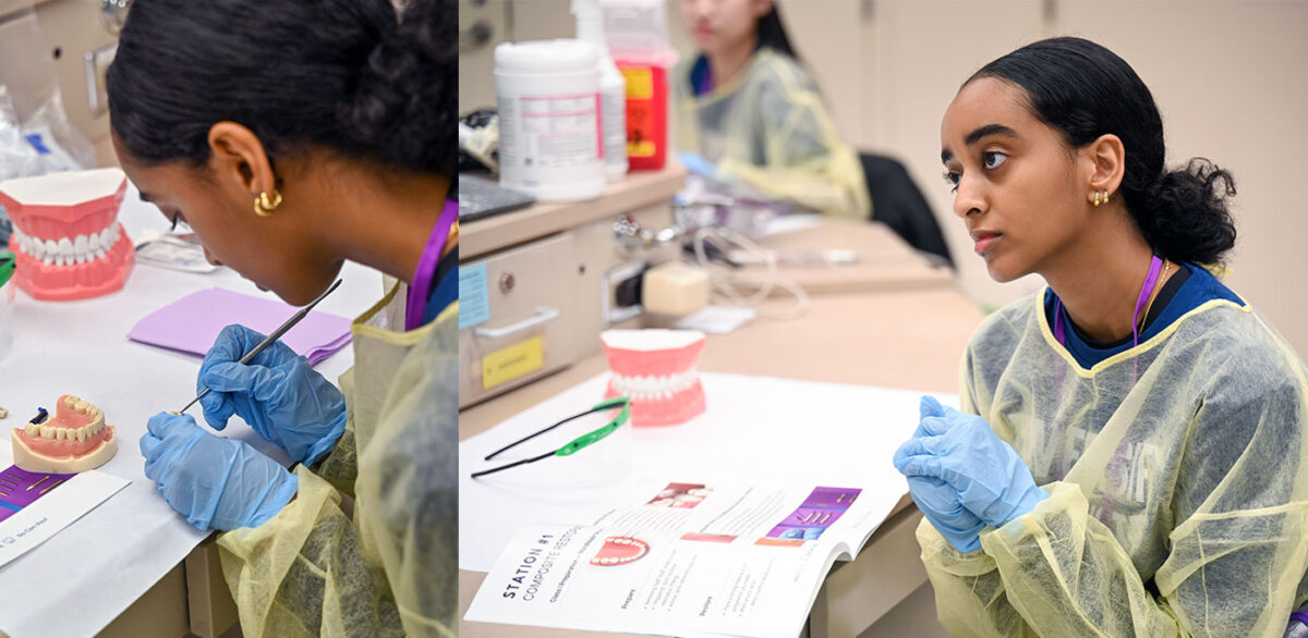 dental academy student in lab on right with a close-up of the same student on the left