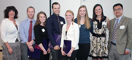 Phillips and Dr. Zhang join scholarship winners (from left) Shane Drew, Allison Millard, Cameron Lasley, Kathryn Parker, Chelsea Momany and Anisoara Begun.