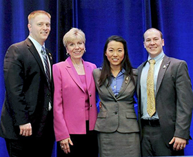 Vice President Tyler Rumple (left) joins other members of the ASDA executive committee (from left): Executive Director Nancy Honeycutt, President Jiwon Lee, Columbia University; and Vice President Martin Smallidge, University of Pittsburgh.